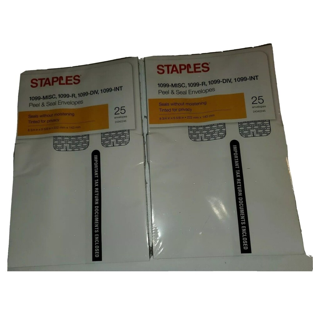 50 Peel & Seal Double Window Envelopes 1099-MISC 1099-R 1099-DIV Tax Staples